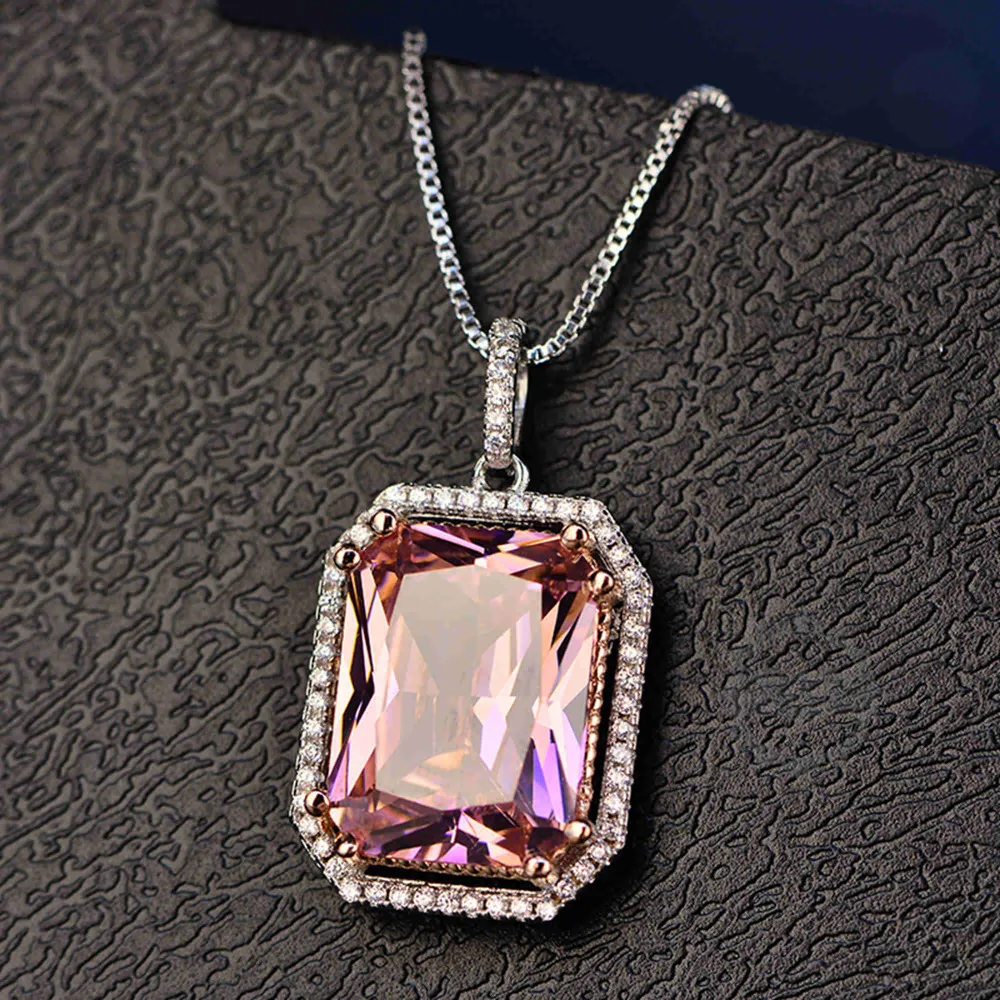 18inches Silver Pink Rectangle Large CZ Love Pave Setting Cubic Zirconia Women Luxury Elegant Fashion Wedding Necklace 6330033