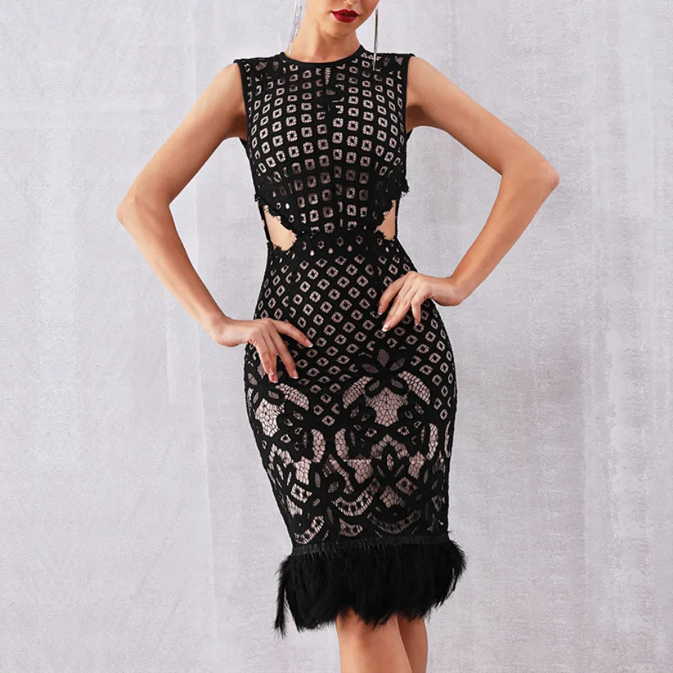 

DressBird Women Summer Dress Bandage Bodycon Vestidos Sexy Sleeveless Lace Hollow Out Club Runway Celebrity Party Dress Vestidos
