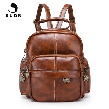 

SUDS Brand Backpack Women Vintage PU Leather Shoulder Bag Teenagers High Quality School Bags Female Preppy Style Travel Backpack