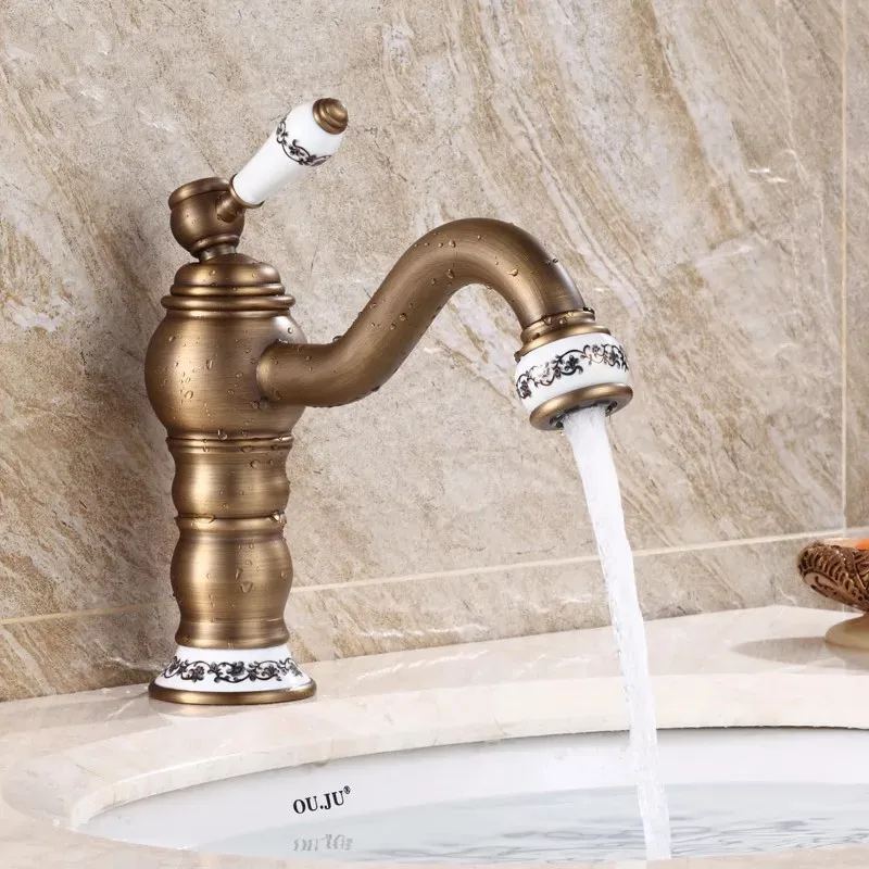 single handle antique brass faucet porcelain basin faucet bronze