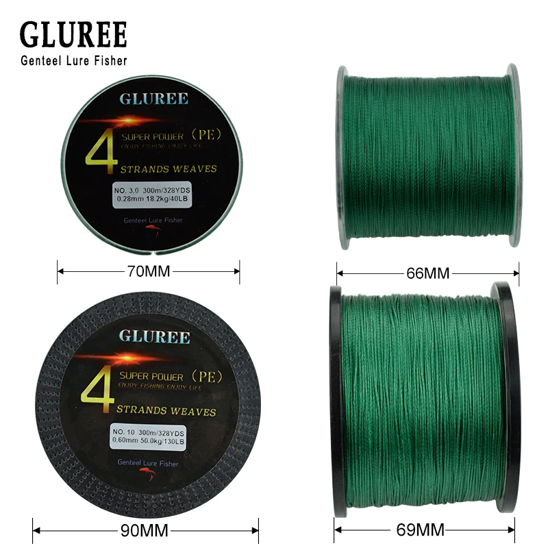 GLUREE 100% PE 300 متر/328 ياردة 4 تقف PE خط مضفر خيط صنارة الصيد المتعددة الشعيرات خيط صنارة الصيد سوبر قوي عالية الجودة 8LB-150LB