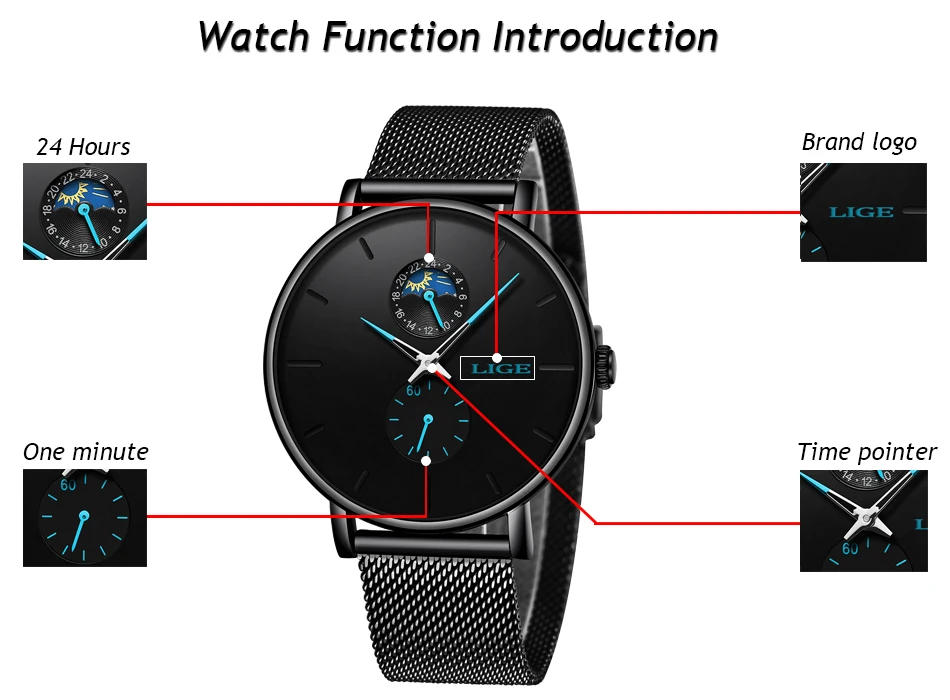 LIGE кварцевые часы мужские повседневные Черные Водонепроницаемые часы из нержавеющей стали ультра тонкие мужские часы 24 часа часы Relogios Masculino