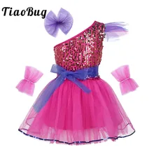 TiaoBug/детское балетное Сетчатое платье-пачка с блестками на одно плечо для подростков, комплект для девочек, Современный Джаз, детский танцевальный костюм сценическая танцевальная одежда