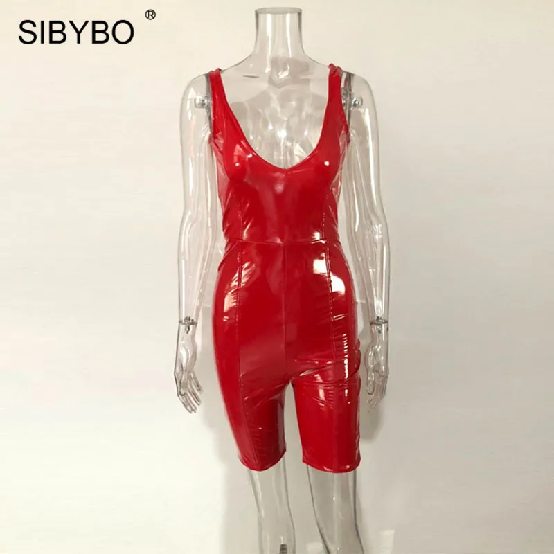 Женское боди из искусственной кожи Sibybo, комбинезоны с открытой спиной и глубоким v-образным вырезом, костюмы для стройных, повседневный укороченный комбинезон на лето - Цвет: Красный