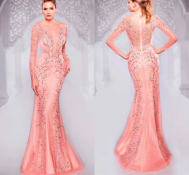 2015 brillante perlée O décolleté à manches longues de sirène rose robe de soirée longue formelle robes de soirée JM34