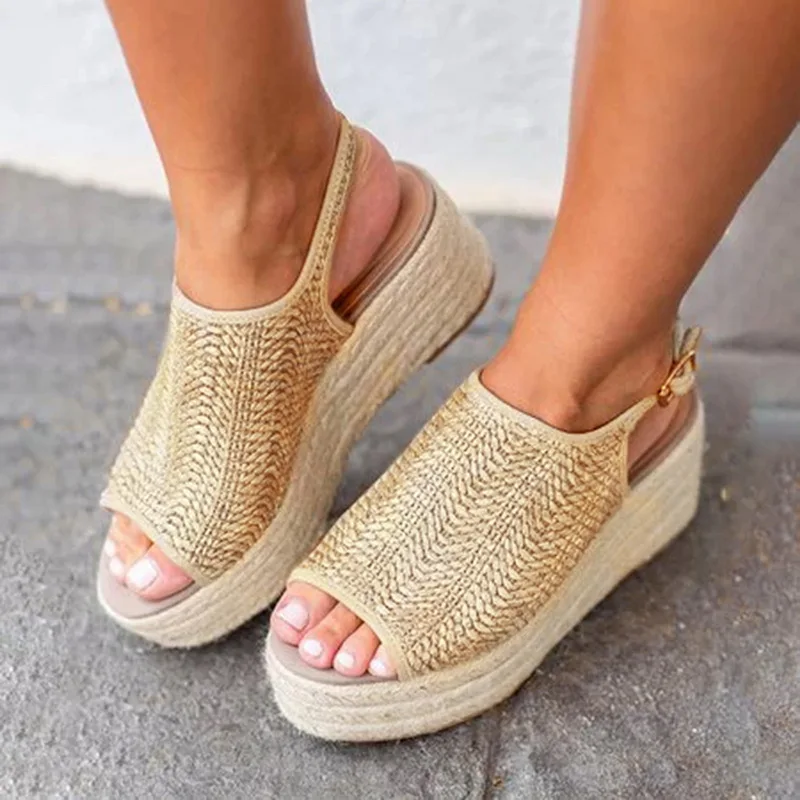 

CALOFE 2019 New Summer Shoes Women Hemp Sandals Fashion Female Beach Shoes Heels Shoes Comfortable Platform Shoes