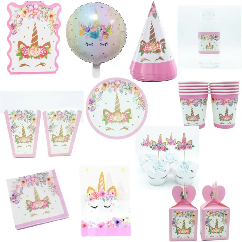

Unicorn Theme Party Disposable Tableware Kids Birthday Paper Plates Cup Napkin Baby Shower Tablecloth Unicorn Party Cake Topper