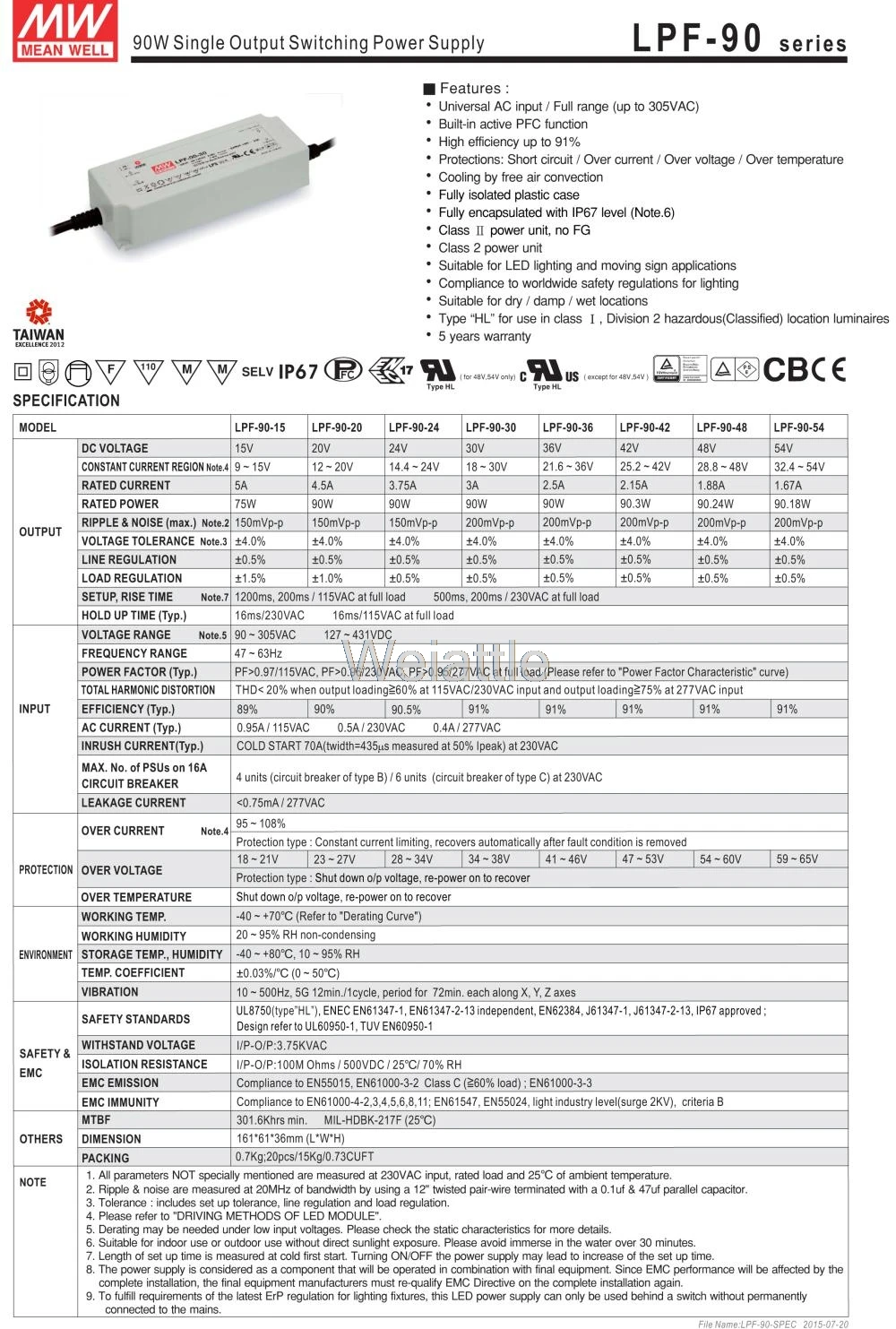 Средняя проверенный LPF-90D-54 54в 1.67A meanwell LPF-90D 54в 90,18 W одиночный выход Индикатор переключения Питание