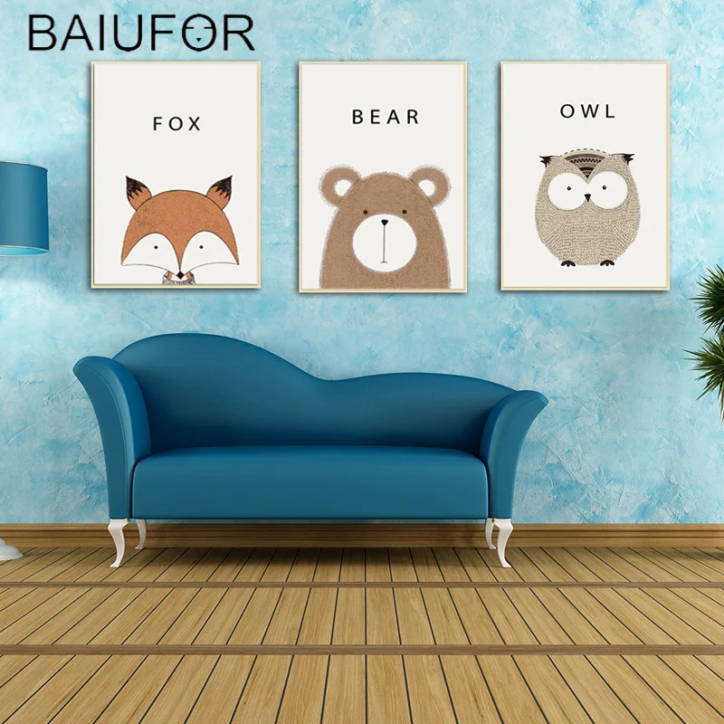 BAIUFOR Cartoon Animals Bear Fox Wall Art Canvas Nordic Poster Nursery Prints Painting Picture Baby Bedroom Home Decoration