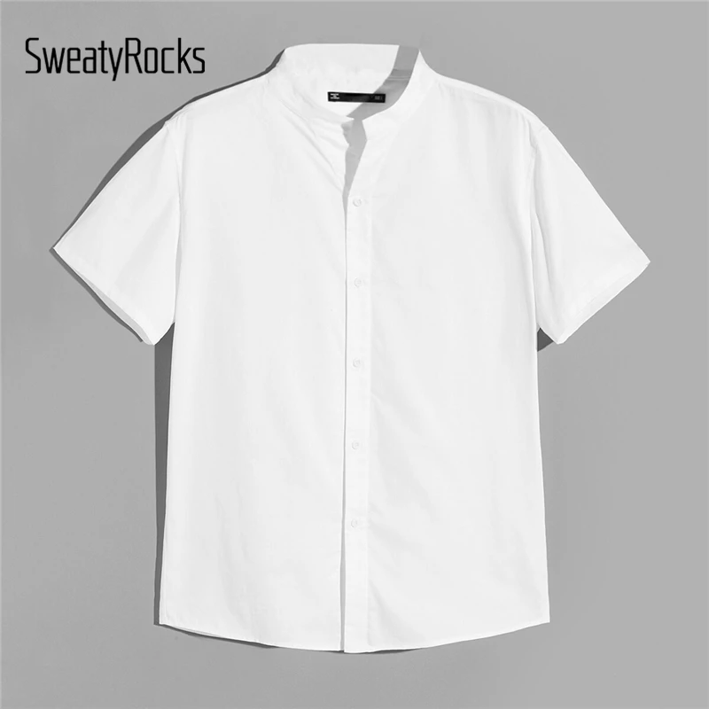 

SweatyRocks Solid Stand Collar Buttoned Men Shirt Short Sleeve Casual Male Clothing 2019 Streetwear Summer Basics White Shirts