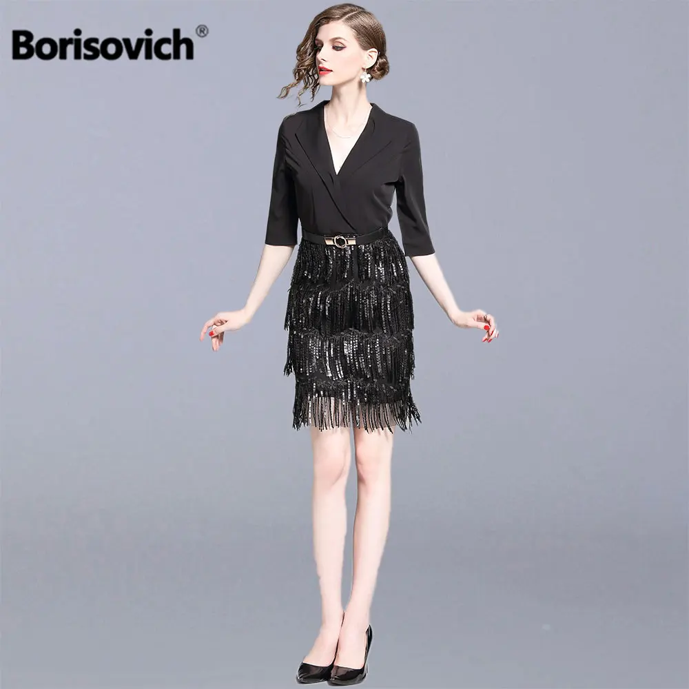 

Borisovich Office Lady Elegant Party Dress New Brand 2019 Fashion V-neck Knee-length Luxury Tassel Women Pencil Dresses N1182