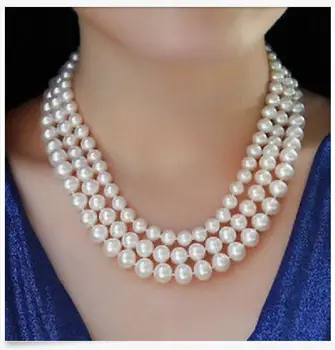 

Beautiful triple strands 7-8MM-9-10mm round Akoya white pearl necklace 17-19inch