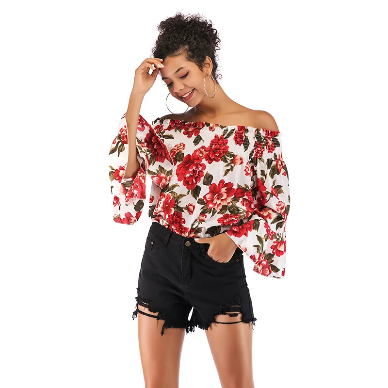 2019 New Summer Women Tops Chiffon Sexy Beach Style Red White Floral Print Slash Neck Strapless Flare Long-sleeved Blouses 2019 New Summer Women Tops Chiffon Sexy Beach Style Red White Floral Print Slash Neck Strapless Flare Long-sleeved Blouses