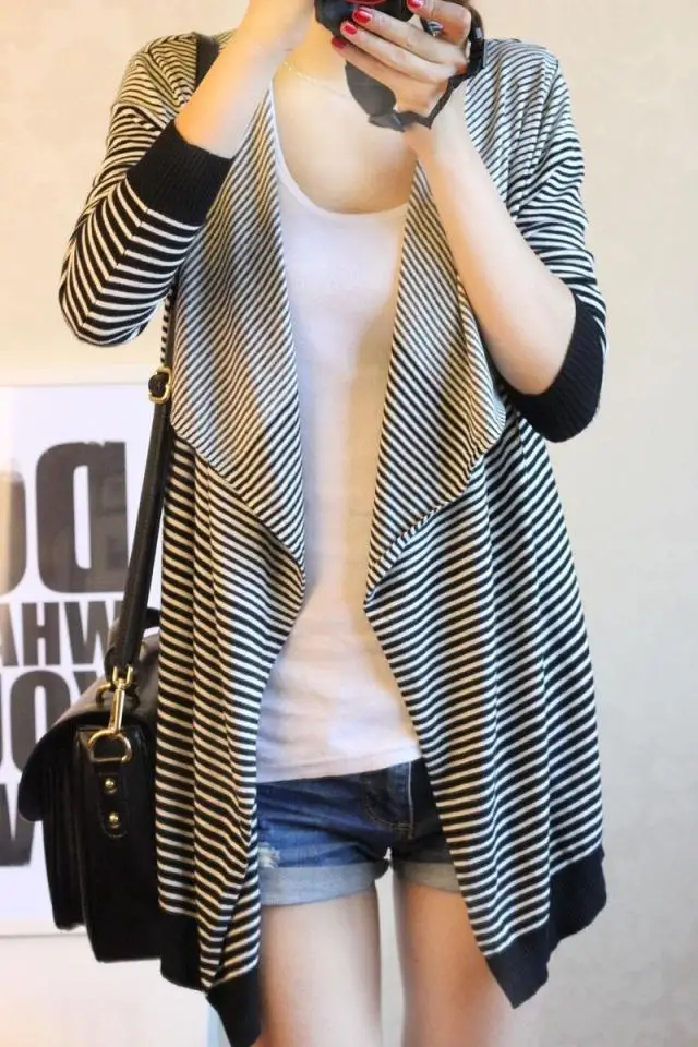 

2019 Spring and Autumn Plus Size Sweater Fine Stripe Loose Cardigan Basic Shirt Sweater Outerwear Cape Free Shipping