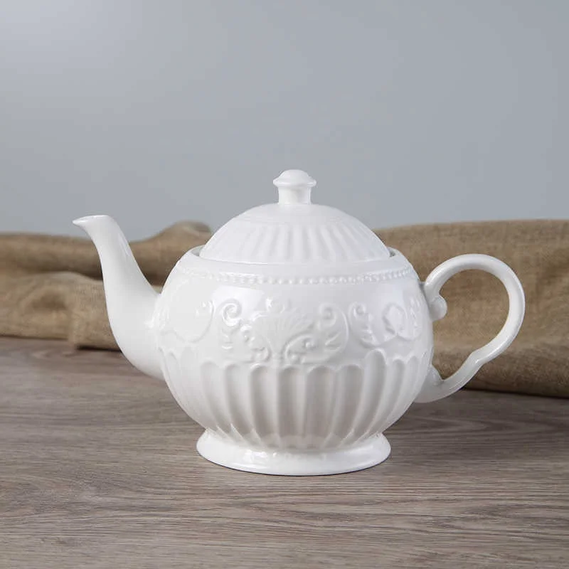 

880ml European lace creative pure white kettle relief pottery European style teapot coffee pot kettle flower tea pot