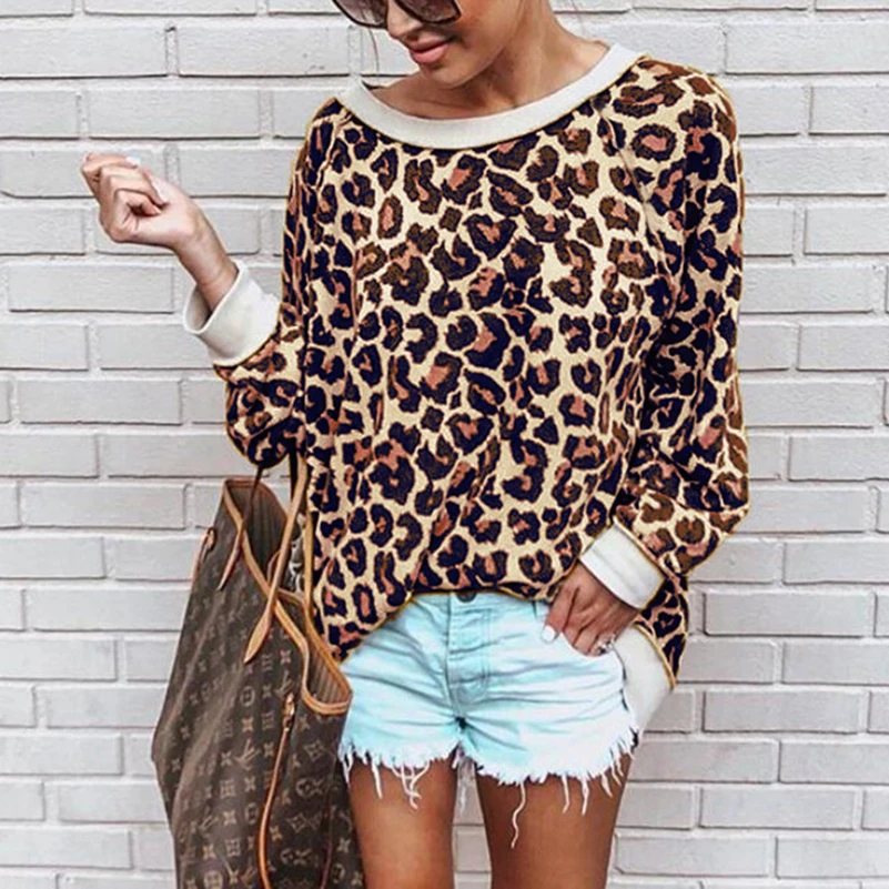 

Loose Tshirt Women New with Leopard Print Spring Autumn Wear O-neck Casual Cotton Tops Shirt Long Sleeve 5 Color Harajuku Shirt
