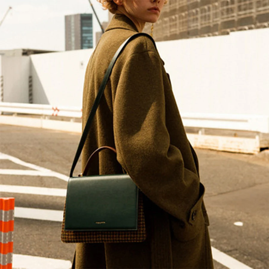 

Vintage Panelled Women Handbag PU Leather Green Plaid Shoulder Messenger Bag Houndstooth Designer Crossbody Bag Purse Hand Bag