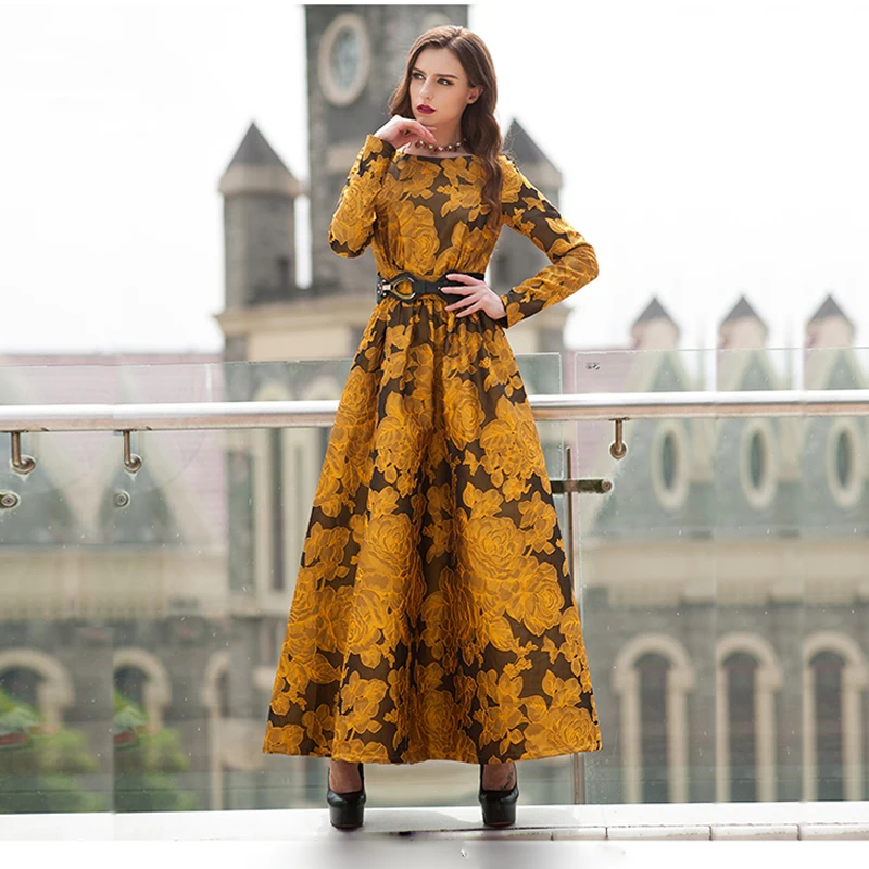 Newest Fall 2017 Designer Maxi Dress Party Women S Long Sleeve Newest Fall 2017 Designer Maxi Dress Party Women S Long Sleeve Gorgeous Fl Jacquard Plus Size 3xl In Dresses From Clothing