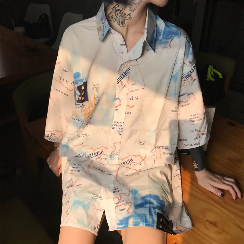 

Cheerart Harajuku Vintage Womens Tops And Blouses Japanese Compass Map Print Summer Loose Oversized Shirt Top Femme 2018