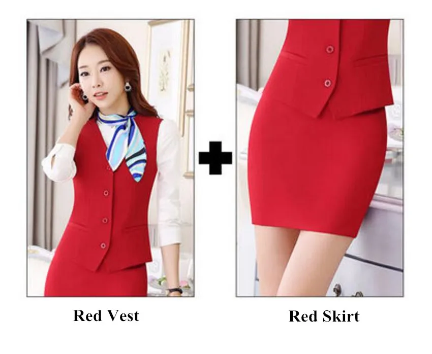 Осень OL мода Женская рабочая одежда жилет юбка костюм формальный Карьера дамы Офис жилет костюмы размера плюс бизнес униформа - Цвет: Red vest and skirt