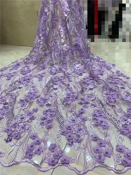 

High class purple with 3D flower French lace cloth embroidery net lace fabric with beads PDN104(5yards/lot) many color