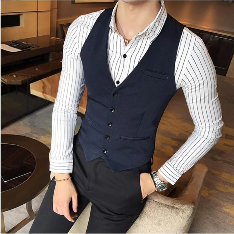 

2019Mens Suit Vest The New Sleeveless Male British business Slim Fit Vest Waistcoat Business Wedding Classic Social Blazer S-XXL