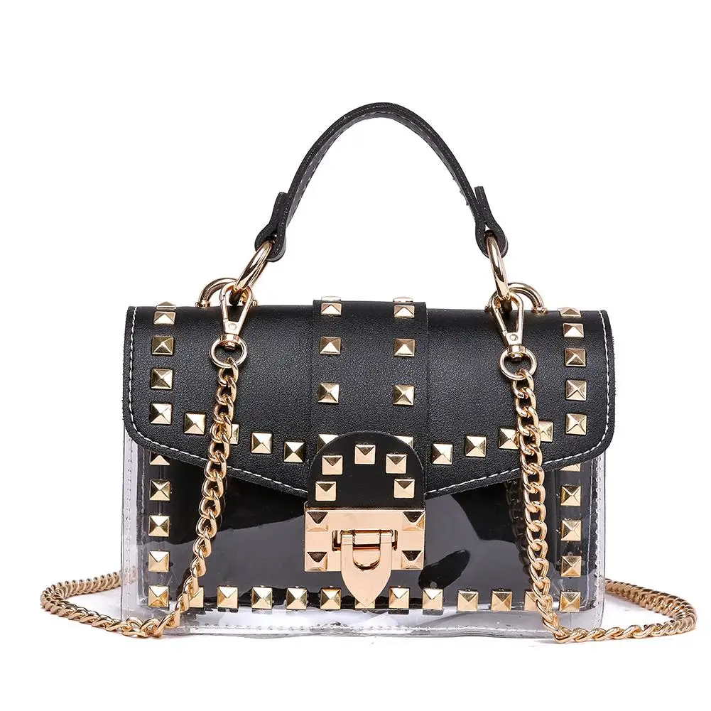 

Women Fashion Rivet Transparent Shoulder Bag Chains Jelly PVC PU Handbag Portable Cross-body Messenger Bags Hand Bag Handbags