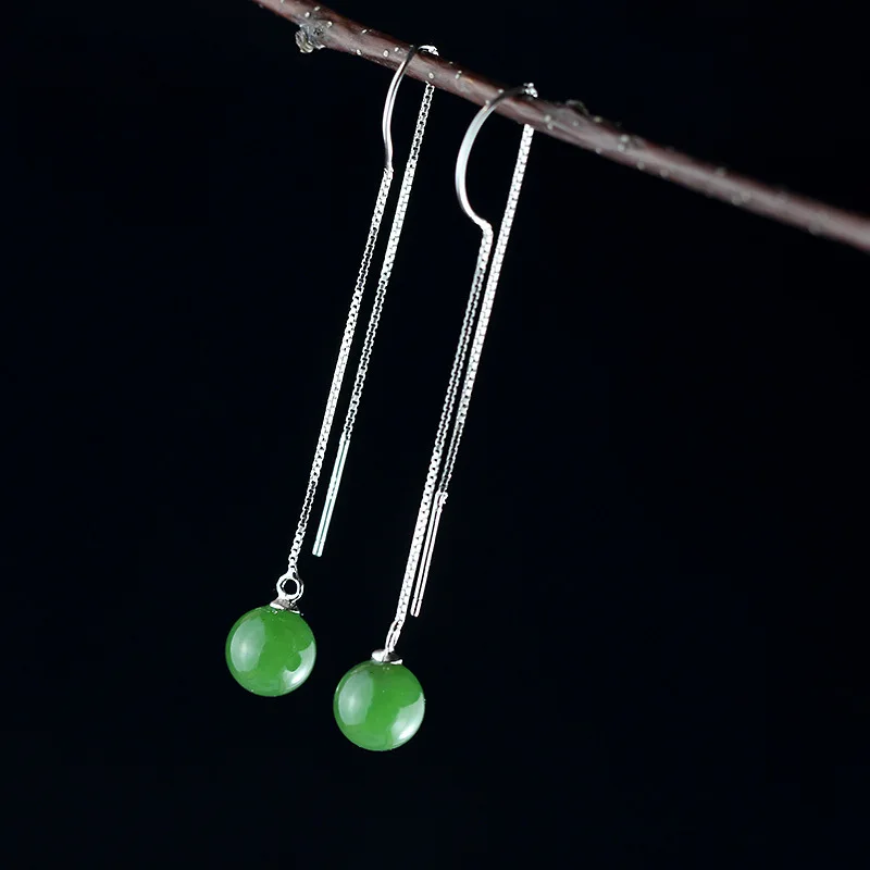 

Hetian Jade Beeswax Beads Drop Earrings Genuine 100% 925 Sterling Silver Long Ear Chain Original Design Fine Women Jewelry RE08