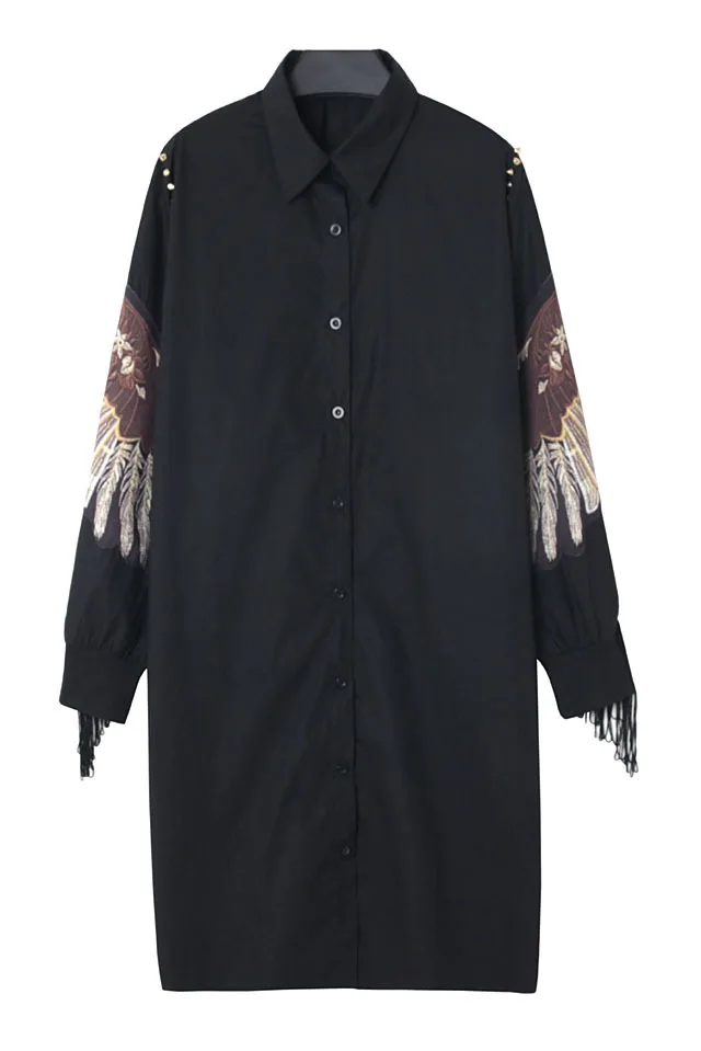

cotton embroidered tassel shirt Turn-down Collar Embroidery Print Blouses & Shirts womens long sleeve tassel shirt looseSK0163