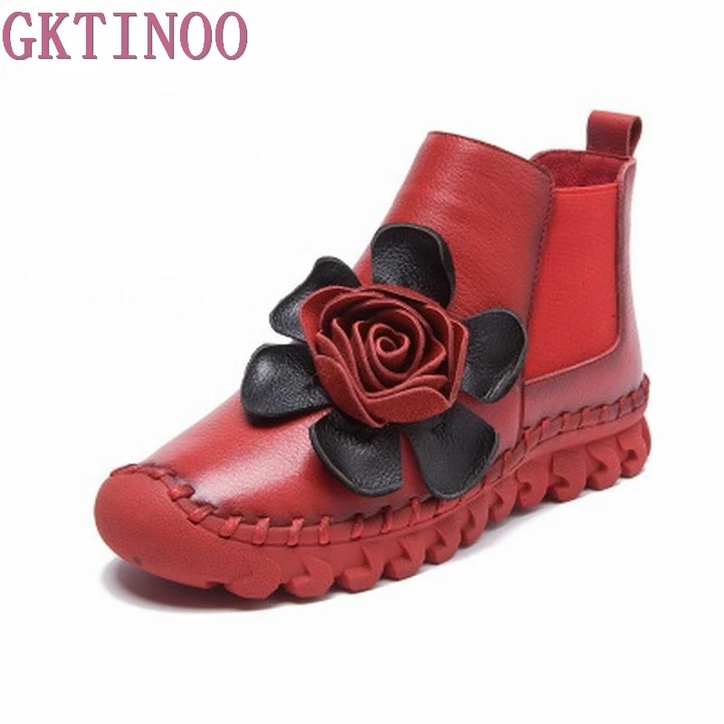 Goede Grote Bloem vrouwen Enkellaars Zachte Flats Schoenen Mode Vrouwen Herfst Winter Echt Lederen Schoenen Vrouwelijke Grote Maat 40 41