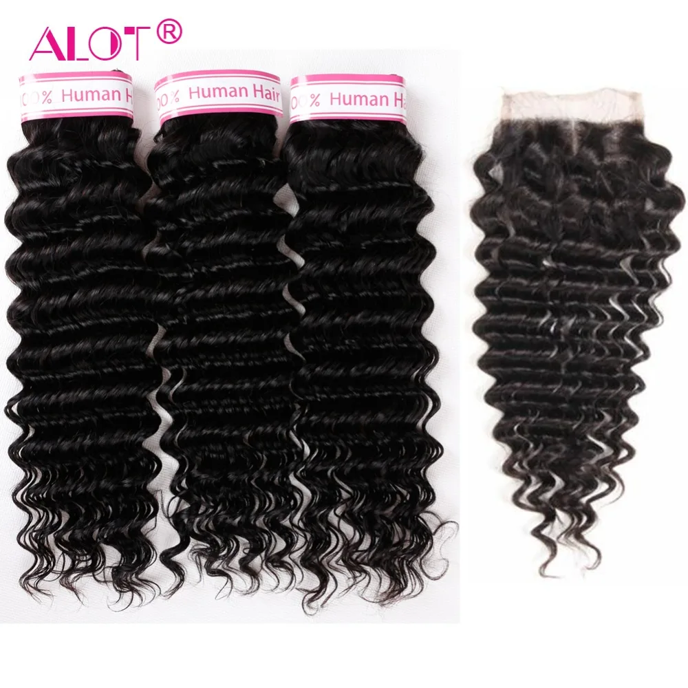 

Alot Hair Loose Deep Wave 3 Bundles With Closure Non Remy Natural Color 100% Human Hair Malaysian Hair Bundles With Lace Closure