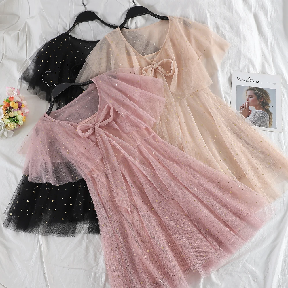 

Women Summer V-Neck Puff Sleeve Bling Star Sequined Ruffles Tulle Bow Dress New Vintage Elastic Slim Party Mesh Gauze Midi Dress