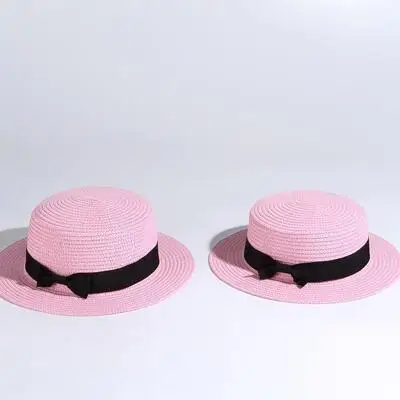 Простая Солнцезащитная шляпа для родителей и детей, милые детские солнцезащитные шляпы, женская соломенная шляпа ручной работы с бантом, пляжная шляпа с большими полями, Повседневная летняя кепка для девочек - Цвет: pink