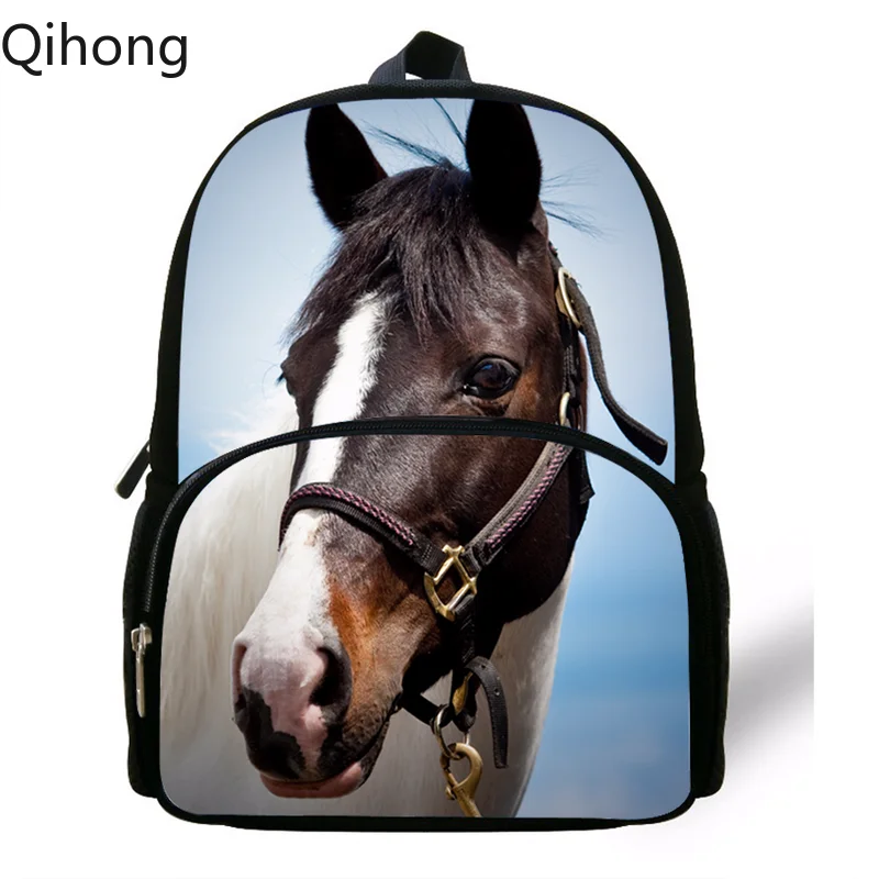 

2019 New Hot 12inch Boys Cute Animals Backpack for School Kids Bookbag Black Horse Print School Bags for Children Girls