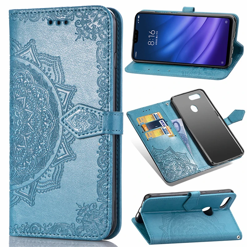 

100pcs/lot In Stock Global Version For Xiaomi Mi 8 lite Smartphone PU Leather Embossed Mandala Wallet Phone Card Holder Cover