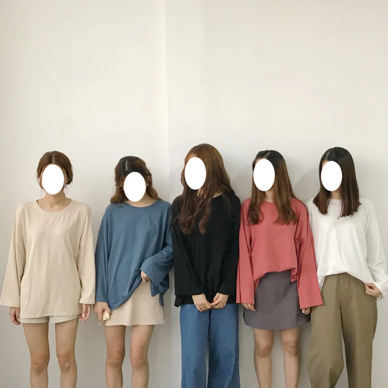 النساء طويل كم T قميص المتناثرة Kawaii قمم قمزة الإناث الأزياء Ulzzang تي شيرت Preppy نمط التي شيرت