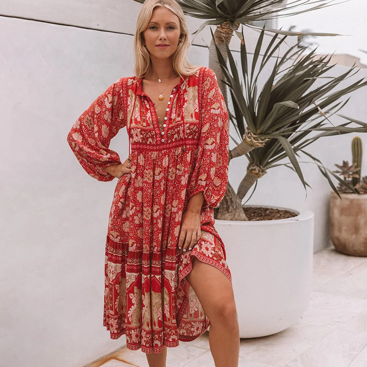 

Floral Print Retro Midi Dress Women 2019 Summer Long Sleeve V neck Button-up Bell Tassel Sexy Dresses Boho Beach Party Dress