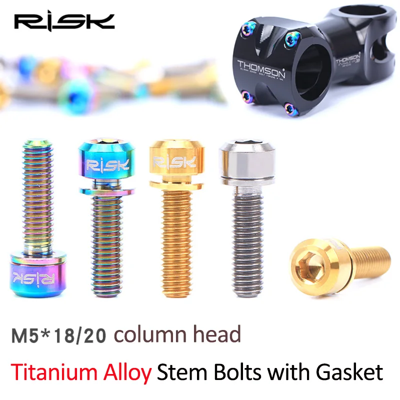 

RISK 6pcs M5x18 / M5*20 mm Titanium Bicycle Stem Screws Bolt Bike MTB Steering Stem Handlebar Titanium Screw with Washers Gasket