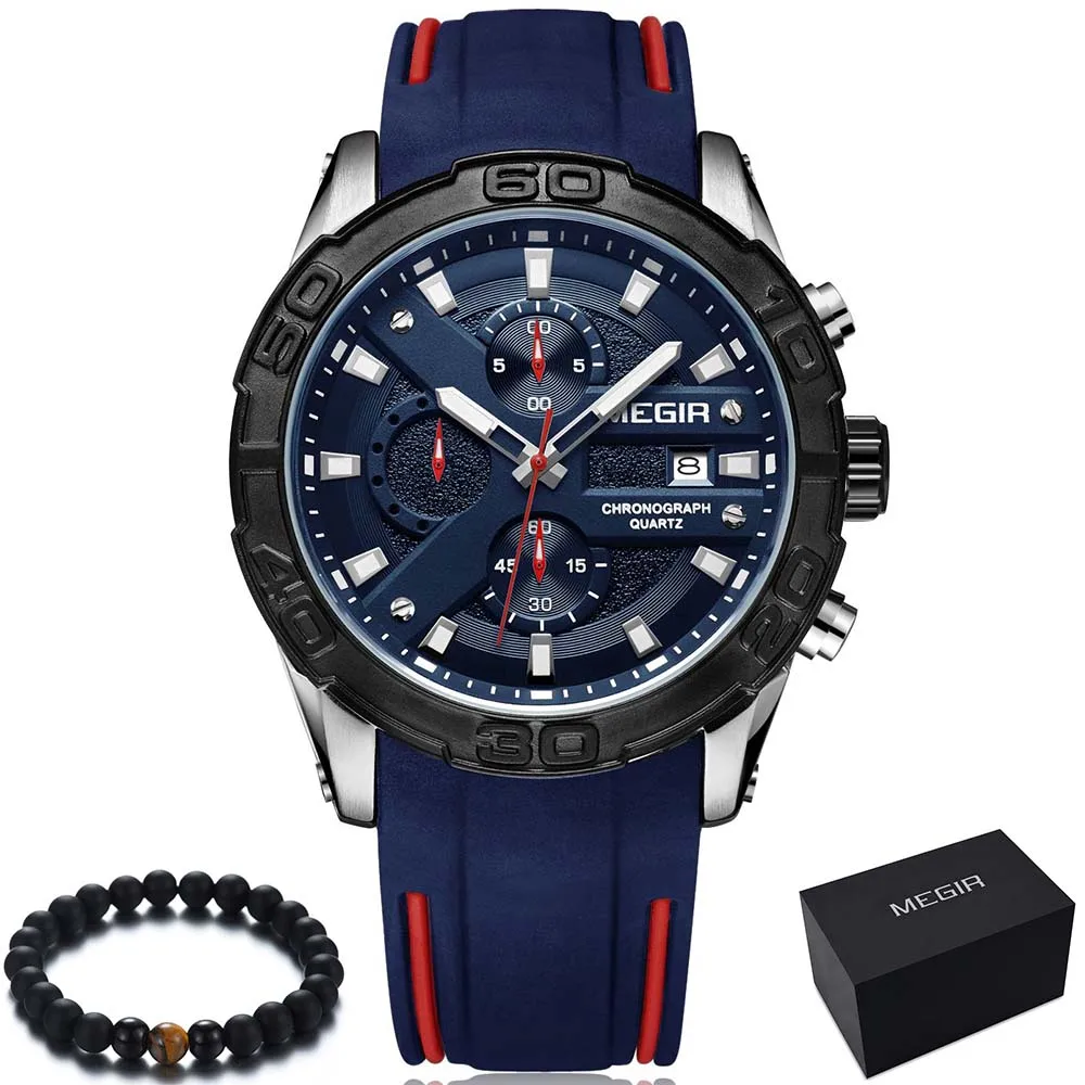 MEGIR, военные часы, мужские, люксовый бренд, мужские Модные силиконовые спортивные часы, для мальчиков, хронограф, кварцевые наручные часы, Relogio Masculino - Цвет: Синий
