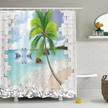 

Coconut Beach White Ball Pattern PEVA Bathroom Waterproof Shower Curtains With Plastic Hooks 180x180cm 180x200cm AP13G