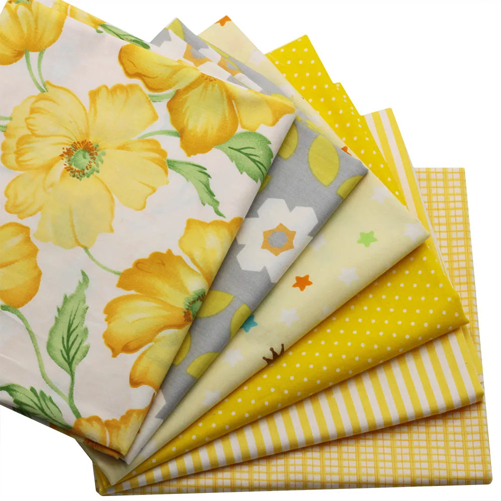 

Cotton Sewing Twill Fabric Floral Little Plaid Stripes Quilting Bundle Handmake Fabric 7 Designs 40x50cm Yellow Color