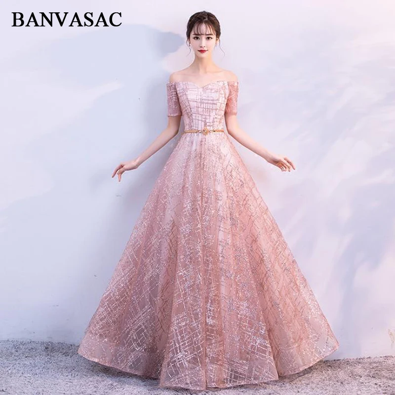 

BANVASAC 2018 Sweetheart Sequined A Line Long Evening Dresses Crystal Sash Party Lace Short Cap Sleeve Prom Gowns