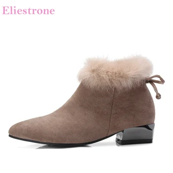 

Brand New Warm Rabbit Fur Black Khaki Women Ankle Boots Sweet Chunky Heels Lady Nude Shoes S272 Plus Big Size 10 43 45 48