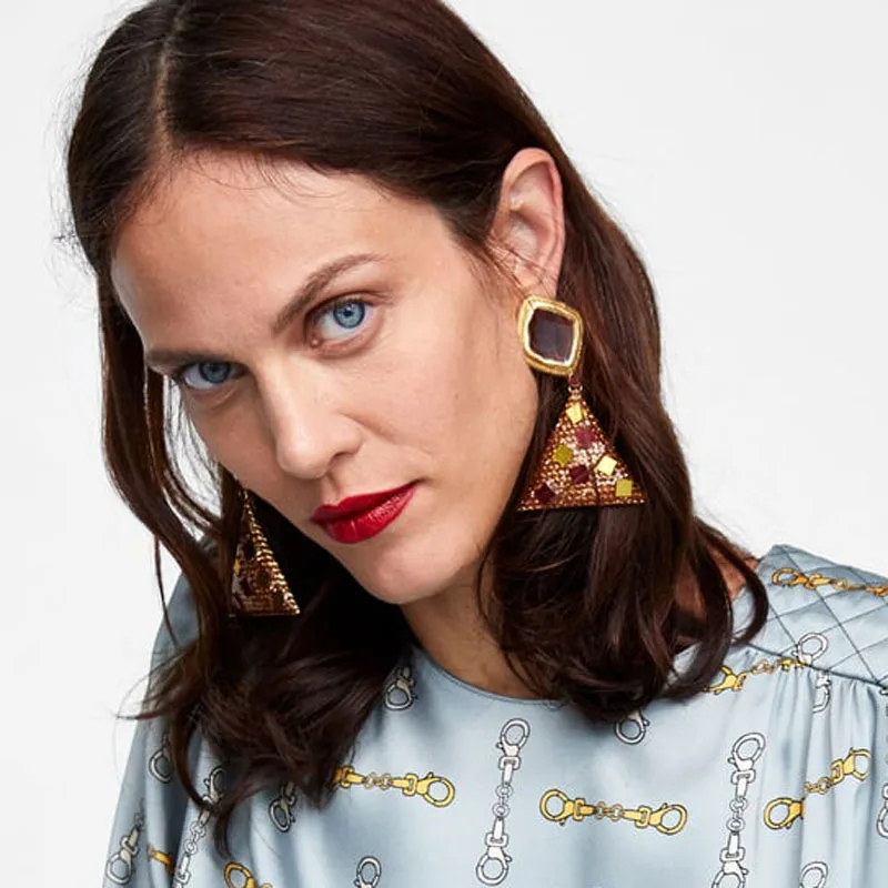

Best lady ZA Triangle Golden Color Drop Dangle Earrings For Women Multicolored Christmas Gifts Wedding Party Fashion Shiny Boho