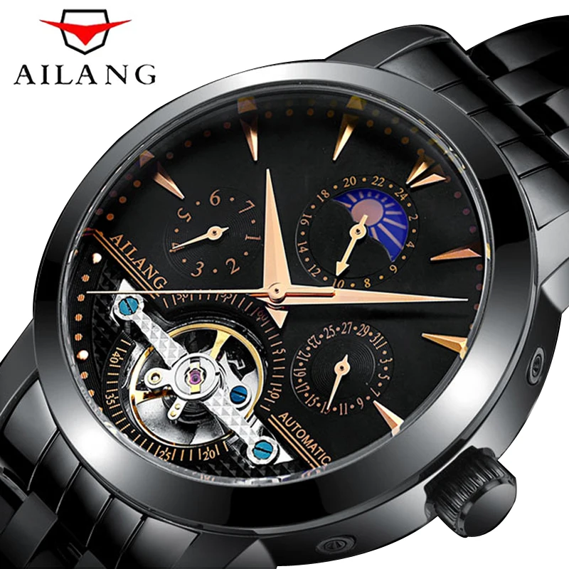 AILANG Tourbillon дизайн три набора Спорт Военная Униформа Черный Нержавеющая сталь для мужчин s Автоматические наручные часы лучший бренд класса