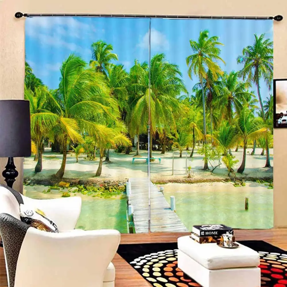 

Coconut palms on the dock 3D Window Curtains Living Room bedroom Drapes Rideaux factory Customized size shower Shading cloth