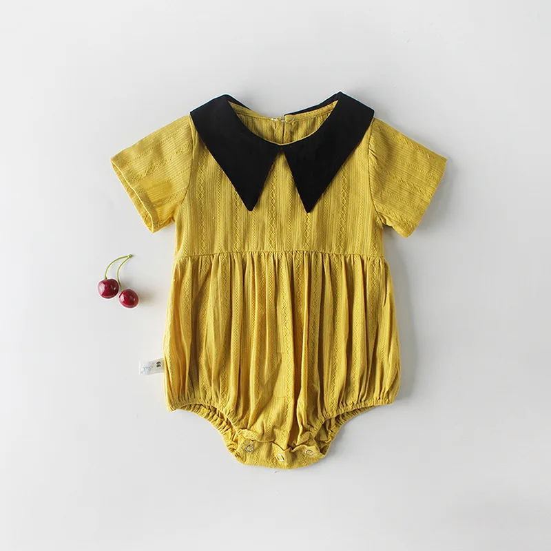 New 100 Cotton Short Sleeve Romper For Newborns Baby Girl Clothes Fashion Black Pointed Collar