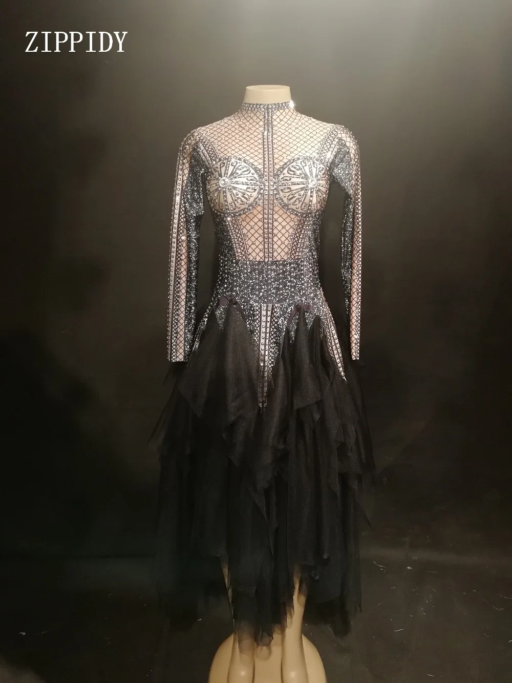 

2019 Fashion Black Net Dress Women Birthday Celebrate Rhinestones Dress Peroformance Costume Dance Dress YOUDU
