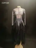 2019 Fashion Zwart Netto Jurk Vrouwen Verjaardag Vieren Steentjes Jurk Peroformance Kostuum Dans Jurk YOUDU