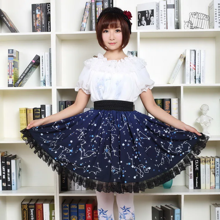 Kawaii Mori Girl короткая юбка Милая темно-синяя юбка с принтом звездной ночи для женщин